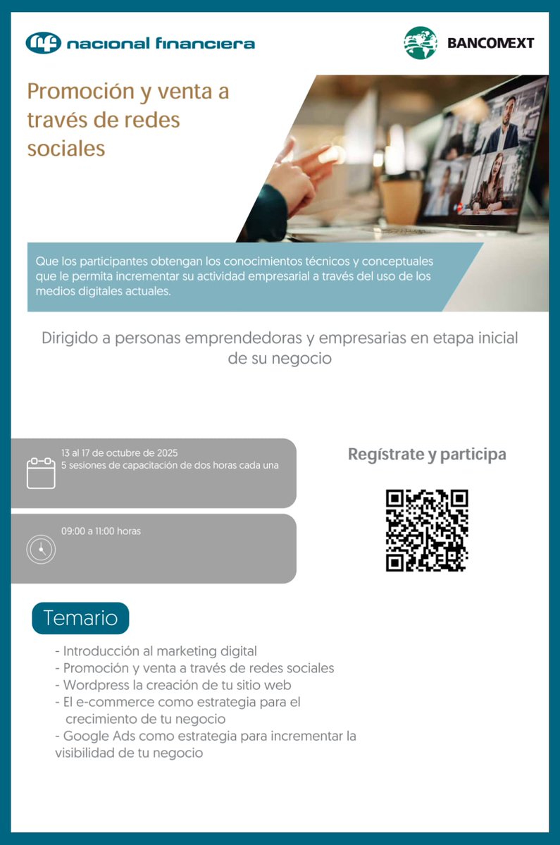 CCE DURANGO (@ccedgomx) on Twitter photo 📌 Del 13 al 17 de octubre, <a href="/NafinOficial/">Nacional Financiera</a> ofrece una nueva serie de capacitaciones gratuitas diseñadas para impulsar el crecimiento y la profesionalización del sector empresarial. 💼
📲 Regístrate ahora y no te quedes fuera. 📌 Del 13 al 17 de octubre, <a href="/NafinOficial/">Nacional Financiera</a> ofrece una nueva serie de capacitaciones gratuitas diseñadas para impulsar el crecimiento y la profesionalización del sector empresarial. 💼
📲 Regístrate ahora y no te quedes fuera.