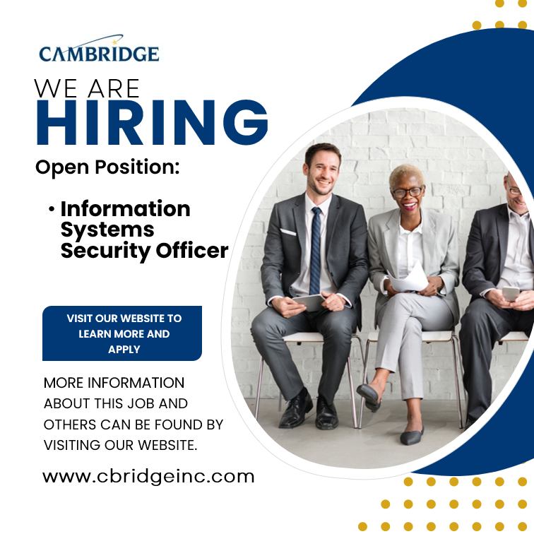 cbridgeinc's tweet photo. We're Hiring! We have an exciting position we're looking to fill right away:
- Information Systems Security Officer - https://t.co/xKdiagwgAU
Apply now or if you know someone who might be a good fit email recruiting@cbridgeinc.com https://t.co/EX6rOo9Tfr