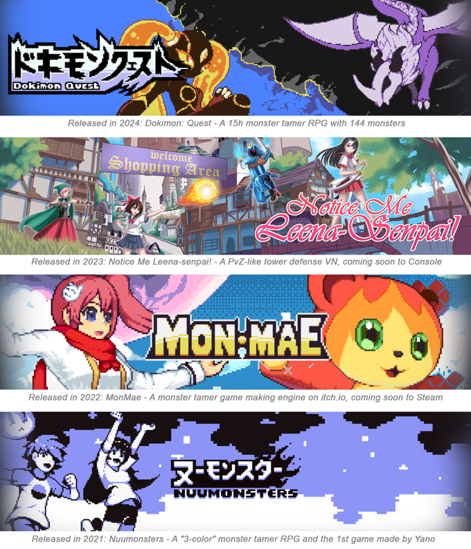 yano_gamedev's tweet image. Back with Confidence - See our Past Projects
Together, me and @gamedevtosh have released in total 4 projects. Both Dokimon: Quest and Notice Me, Leena-senpai! were successful Kickstarter projects that also released to Steam.
Additionally, MonMae was also a part of a…