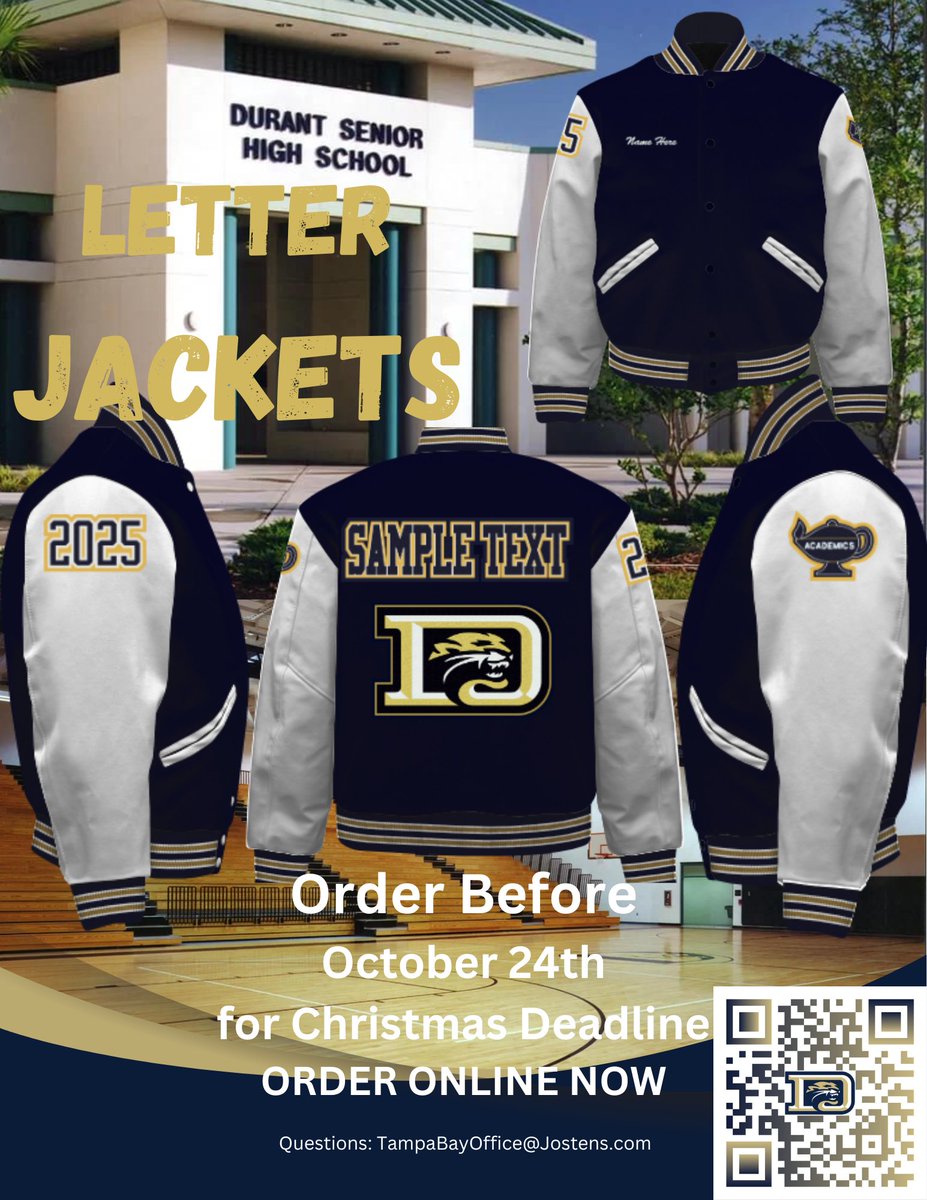 Order your Durant HS Varsity Letter Jacket online now to receive before Christmas!  

Scan the QR code or click the link below to start designing your Varsity Letter Jacket!

hub.jostens.com/ls/7ed522a8-6e…