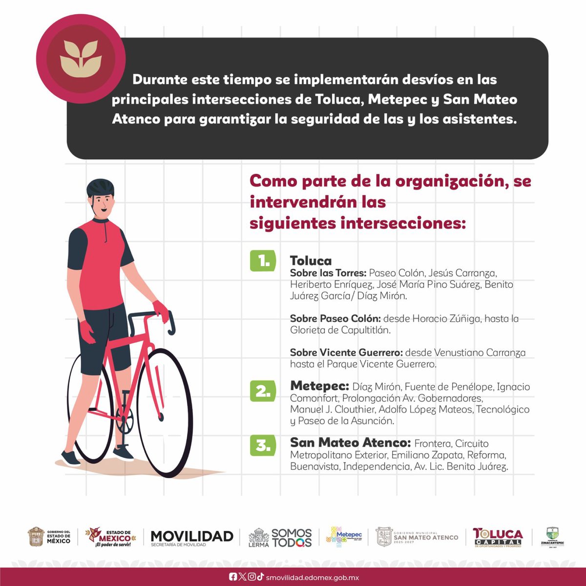 SEMOV_Edomex's tweet image. 🛣️ ¡Atención conductores, vecinas y vecinos!
Consulta aquí los cierres y rutas alternas sobre Av. Las Torres por la #MexivíaRecreativa, este 12 de octubre.
🕗 De 08:00 a 14:00 horas
Con tu apoyo, seguimos construyendo ciudades más amables. #ElPoderDeServir