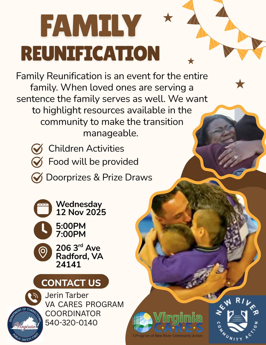 HumanizationPro's tweet image. FAMILY REUNIFICATION 📌Nov. 12, 5–7 PM, Radford
Families of justice-impacted individuals: come together, find support, build connection.
✅ Kids’ activities
✅ Food &amp;amp; doorprizes
Contact Jerin Tarber, VA Cares: 540-320-0140
#FamilyReunification #NRVReentry #JusticeImpactedFamilies