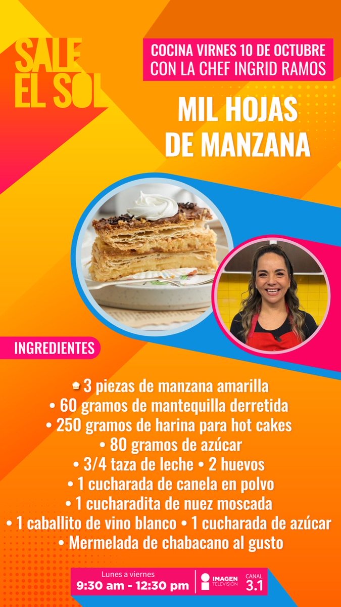 saleelsoltv's tweet photo. ¡Consiéntete con este delicioso #MilHojas que nos presentó la chef @ingridrvm en la #CocinaDelSol! 🙌🏻🤩👩🍳☀️📺 #SaleElSol https://t.co/MEq3ZLa539