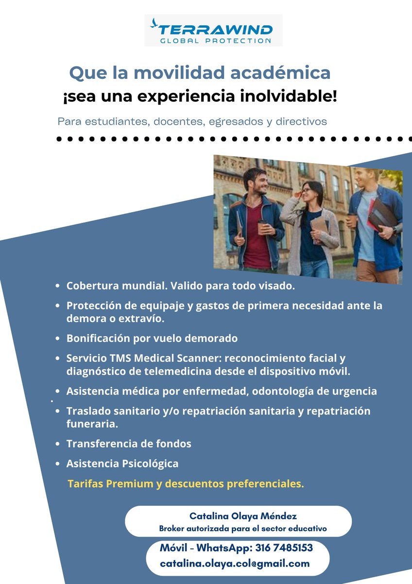 🌍 ¡Movilidad académica con respaldo internacional!
La RedTTU y <a href="/terrawindgp/">Terrawind Global Protection</a>  ofrecen cobertura médica, telemedicina, asistencia psicológica y protección de equipaje para estudiantes, docentes y directivos en movilidad internacional.
🔹 Tarifas preferenciales para IES afiliadas.