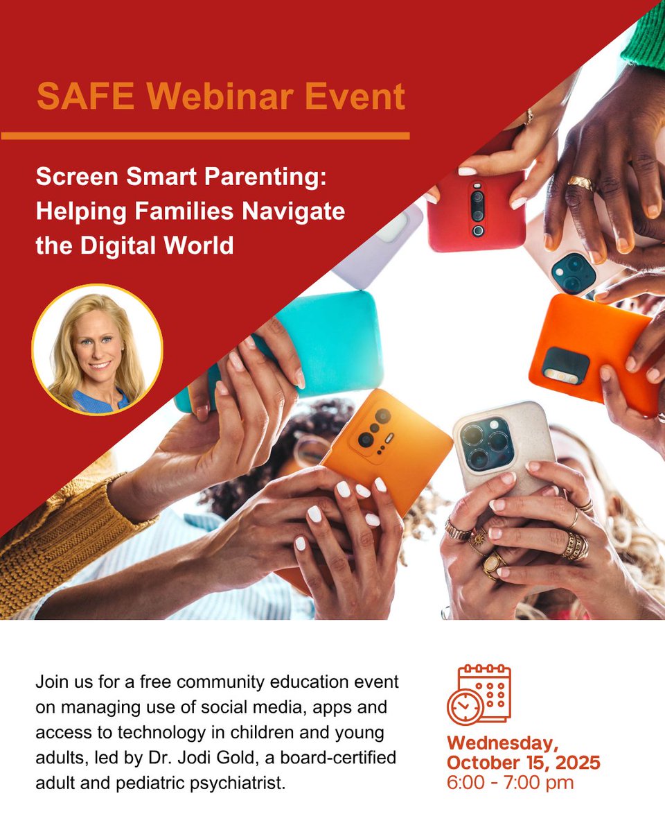 How can families build healthy digital habits? Join board-certified adult and pediatric psychiatrist Dr. Jodi Gold for a free community education webinar hosted by <a href="/WeillCornell/">Weill Cornell Medicine</a>’s SAFE Program on Oct. 15 from 6–7 PM. Register: bit.ly/3KCPD58