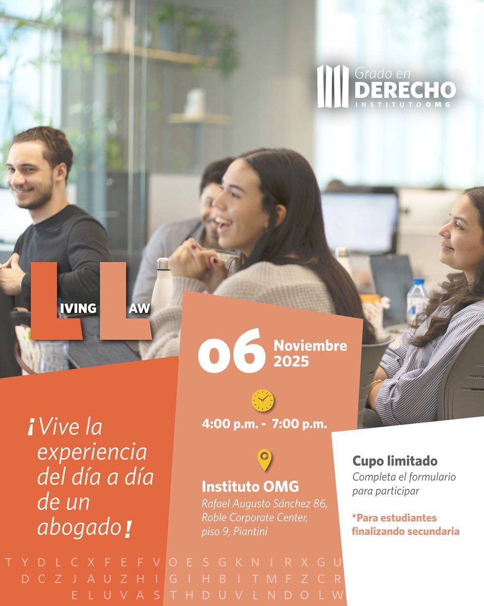 ¿Estás interesado en estudiar Derecho? Acompáñanos a nuestro próximo #LivingLaw 🤩

💻 Completa el formulario para participar
lnkd.in/eCTU2cHy

Para más información escríbenos a gradoenderecho@iomg.edu.do

#GDIOMG #Derecho #TransformamosElDerecho #InstitutoOMG #IOMG