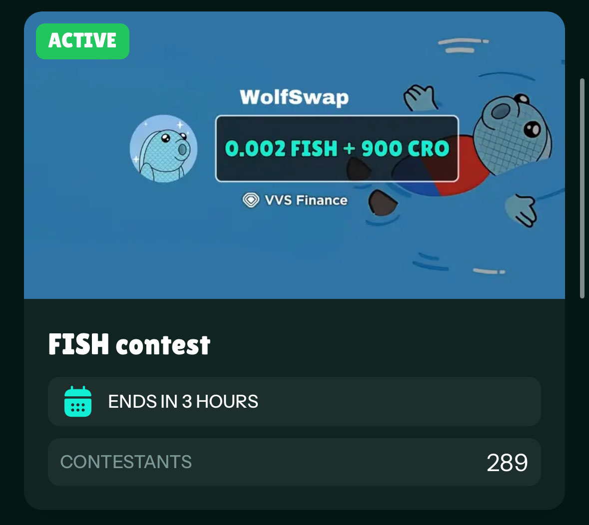 ⏰ Only 3 hours left before the current $FISH Trading Contest on <a href="/wolfswapdotapp/">Wolfswap | Swap & Earn</a> comes to an end! 🐺🐟

Don’t miss your chance to snag rewards of up to $220 in $FISH and $CRO! 💰
Make your final moves — trade, climb the leaderboard, and show the pack who’s boss.

👉 Trade now: