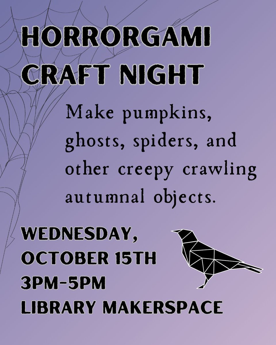 Celebrate the spookiest time of year with the Japanese art of paper folding! Meet us in the Makerspace, on Wednesday, October 15, from 3-5p, to make pumpkins, ghosts, spiders, &amp; other creepy crawly autumnal objects. Materials &amp; instructions will be provided. Mark your calendar!