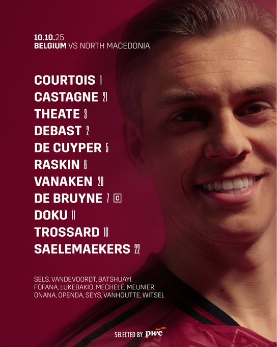 Graphic in red background displays match details for North Macedonia versus Belgium on October 10 2025 with starting lineup: goalkeeper Thibaut Courtois, defenders Timothy Castagne Zeno Theate, midfielders Jeremy Doku Leandro Trossard Alexis Saelemaekers, and other players including Amadou Onana Kevin De Bruyne Youri Tielemans, plus substitutes like Matz Sels Jeremy Doku Leandro Trossard and text Selected by PwC at bottom.