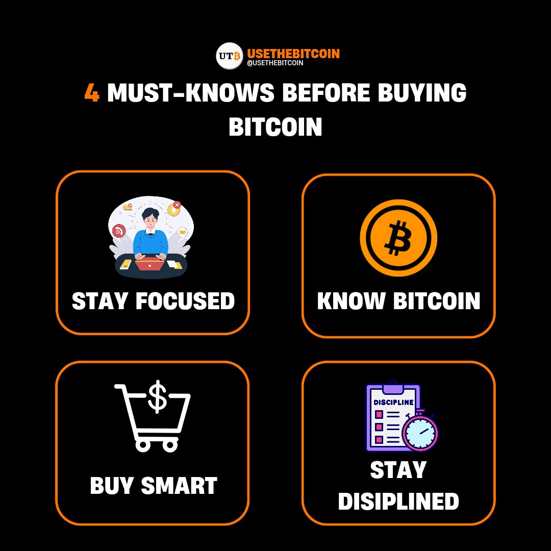 usethebitcoin's tweet image. Thinking of buying Bitcoin? 🤔 Here are 4 things you need to know before you do 💡 #Bitcoin #CryptoBasics #BTC #usethebitcoin #CryptoTips