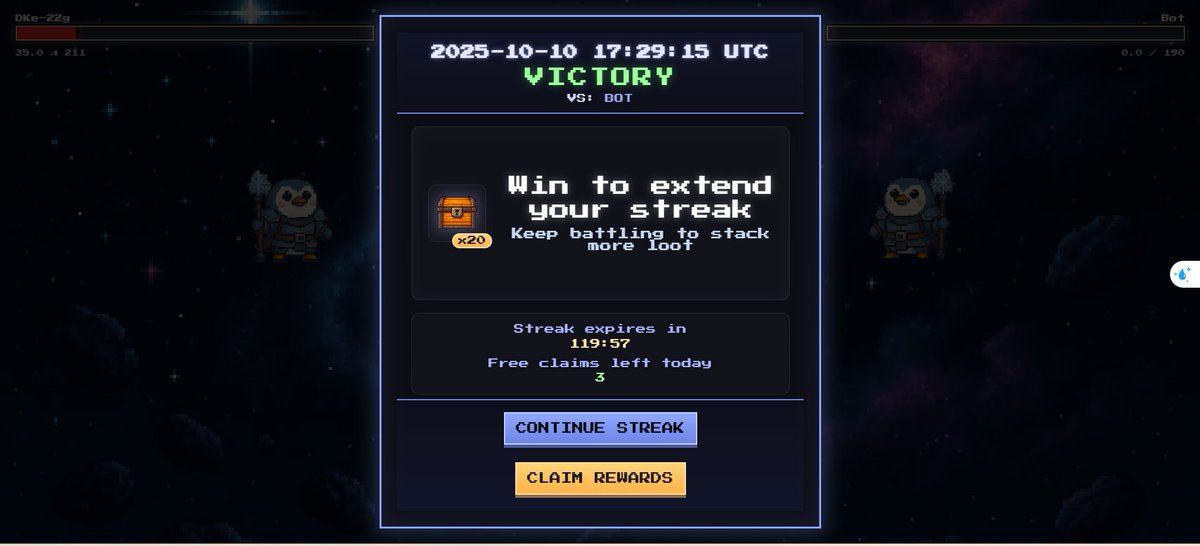 trung_truc123's tweet image. I'm very interesting and exciting when participated matchs game, let join and play game
Today 10/10/2025 : streak 20 win game 😍
#PlayToEarn @Battlefrens #Web3Gaming