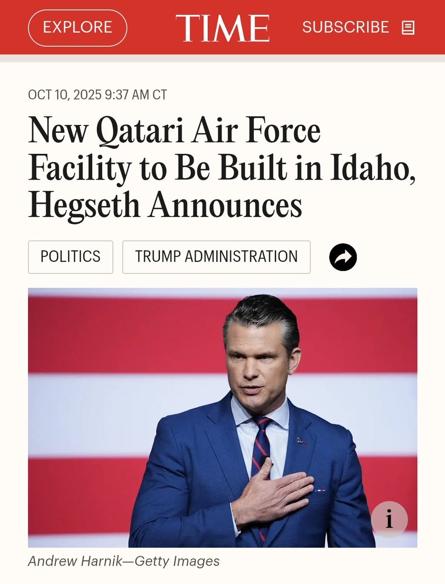 chalavyishmael's tweet image. 🚨 BREAKING: 

The Trump administration just announced that Qatar, the same regime that bankrolls Hamas, shelters its leaders, and floods Western campuses with Islamist propaganda, will build a Qatari Air Force facility in Idaho.

Qatari pilots and F-15s will now be stationed on…