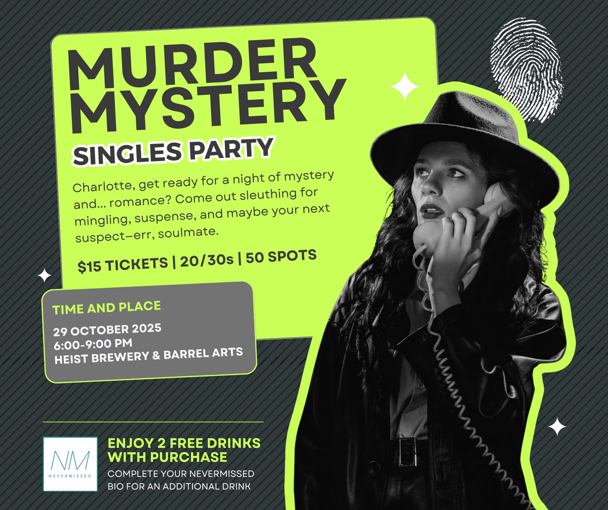 A little intrigue. A little romance. A whole lot of fun. Charlotte singles, don’t miss our Murder Mystery Night Oct 29. 🍻 Grab your tickets at the link! eventbrite.com/e/174385583273… 

#CLTsingles #CLTdating #CLTevent #datingapp #singlesevent #nevermissed #givingloveagps