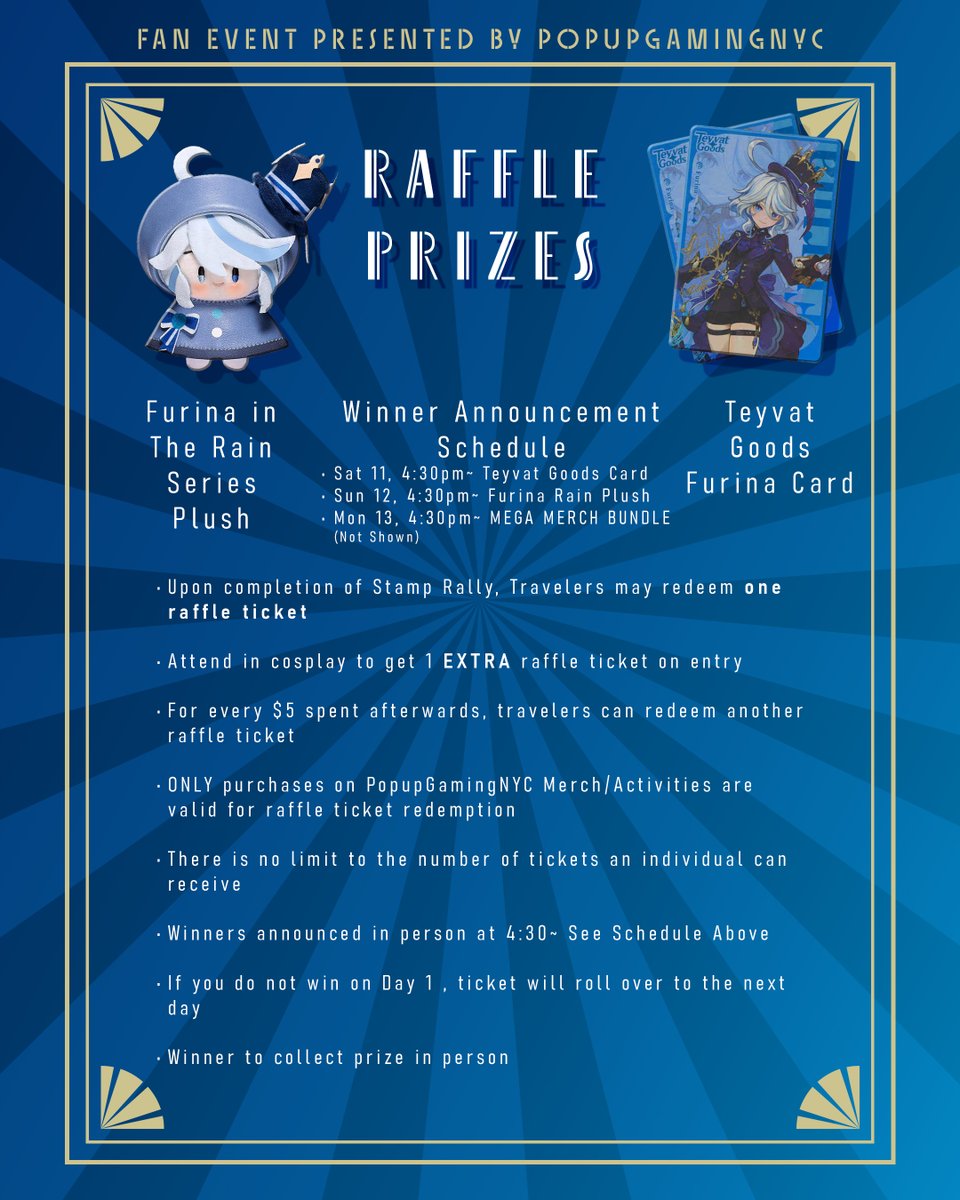Enter our raffle.

We’ll be giving away various prizes
-2x Teyvat Goods Furina Cards
-Furina in the Rain Plushie
-Furina Merch Bundle

link in bio

#raffle #giveaway #prize #giveawaycontest     #hoyoverse #furina #genshinimpact #genshin #fontaine #原神 #nycevents #FurinaBdayNYC