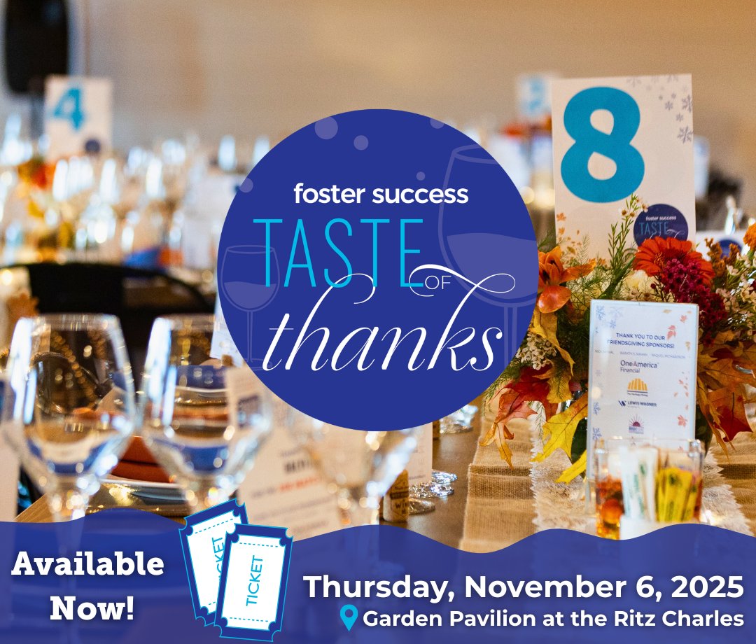 💙 🎟️ Tickets are on sale now for Taste of Thanks: fostersuccess.org/invest-time-gi…

Join us November 6th at the Garden Pavilion at the Ritz Charles for an evening filled with seasonal bites, craft drinks, and live music. PLUS more!