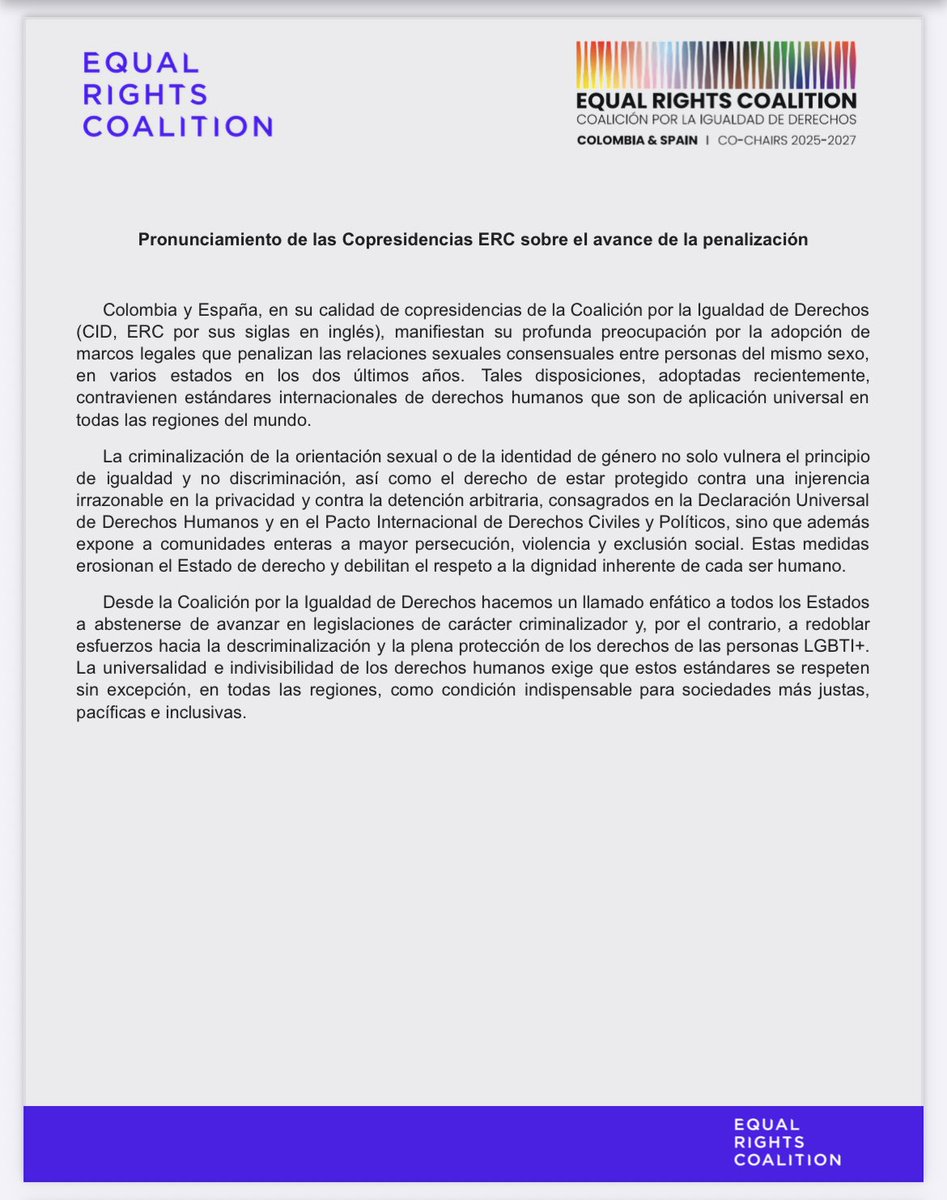 Pronunciamiento de las Copresidencias de la Coalición Por La Igualdad (<a href="/EqualRightsC/">Equal Rights Coalition</a>) Colombia-España sobre el avance de la penalización:

equalrightscoalition.org/es/publication…