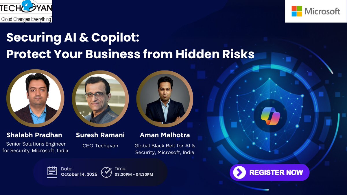 AI is everywhere. Are you in control?

Employees using multiple AI tools = data leaks &amp; compliance risks.

Join our podcast-style session with Microsoft experts 
📅 Oct 14 | 🕒 3:30 PM IST
👉 events.teams.microsoft.com/event/1007035c…

#AISecurity #Microsoft #Copilot #CloudChangesEverything
