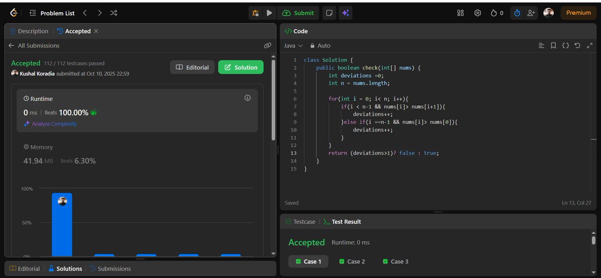 Kushal_Koradia's tweet image. ✅ Day 115 of #150DaysOfDSA
📍 LC 1752: Check if Array Is Sorted and Rotated
Counted deviations in the array compared to a sorted sequence and ensured at most one rotation point. Optimized O(n) approach with 0 ms runtime.
#Array #Implementation #Java #Optimization