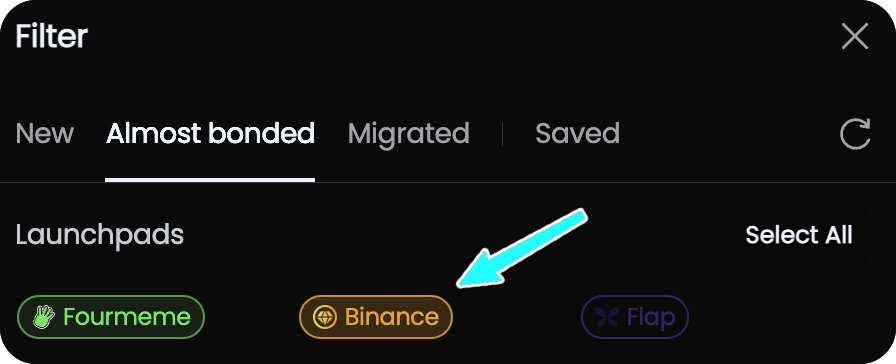 now u can set up filters for binance exclusive tokens on the trenches page (but still cant trade here due to binance restriction)