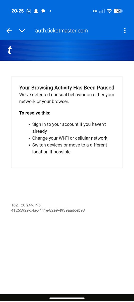 minford89's tweet photo. @TicketmasterCS I can't access the page or even my account, I keep getting this message for days https://t.co/vmel2G8l0d