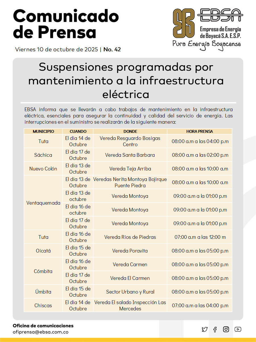 ⚡*#EBSAInforma* || Interrupciones de energía de la próxima semana esenciales para garantizar la calidad y continuidad del servicio de energía