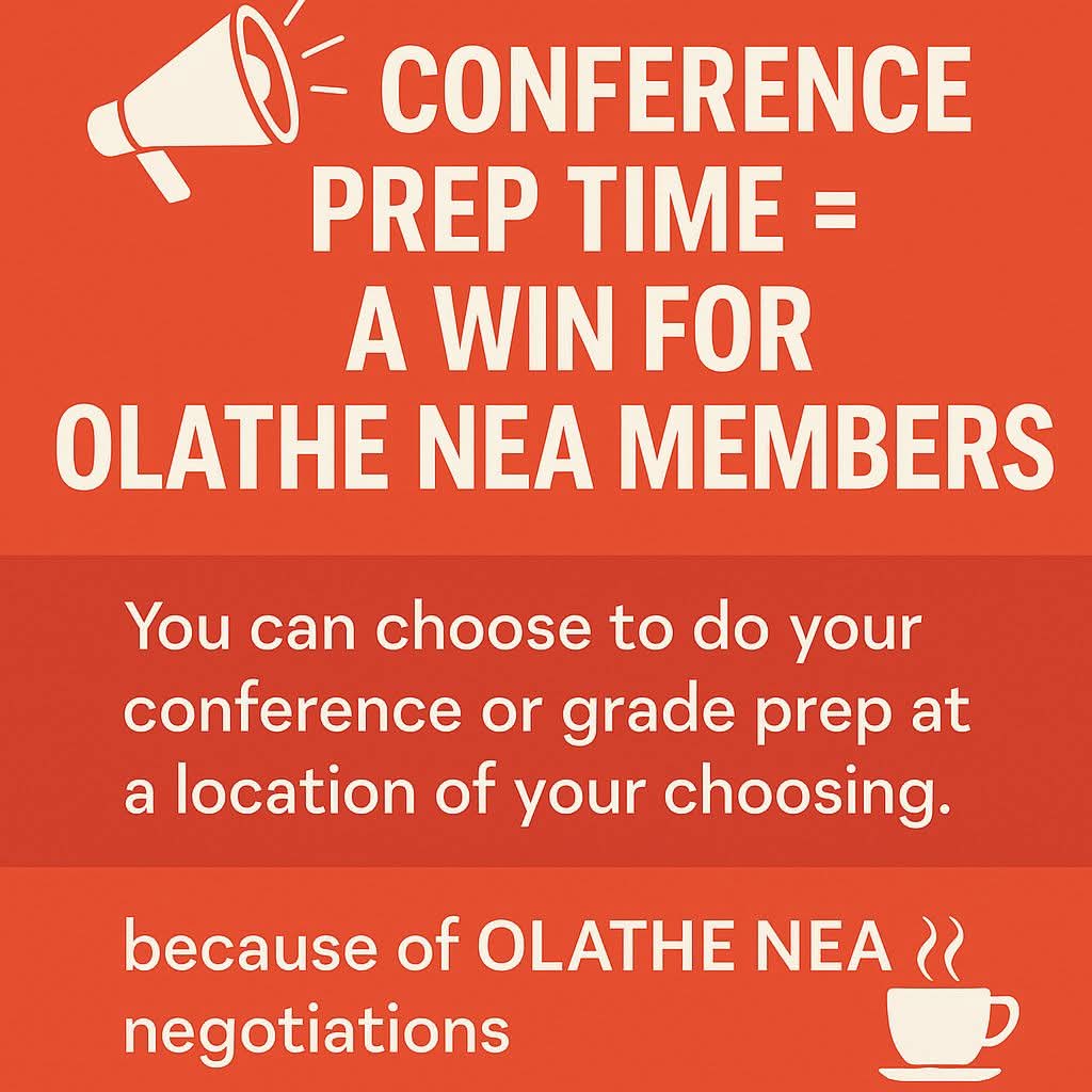 📅✨ Conference Prep Time = A Win for Olathe NEA Members

As you head into this afternoon’s Ed Prep time for conferences, take a moment to celebrate 🥳

This dedicated time exists because of Olathe NEA negotiations. Join now to make us even stronger: knea.org/join