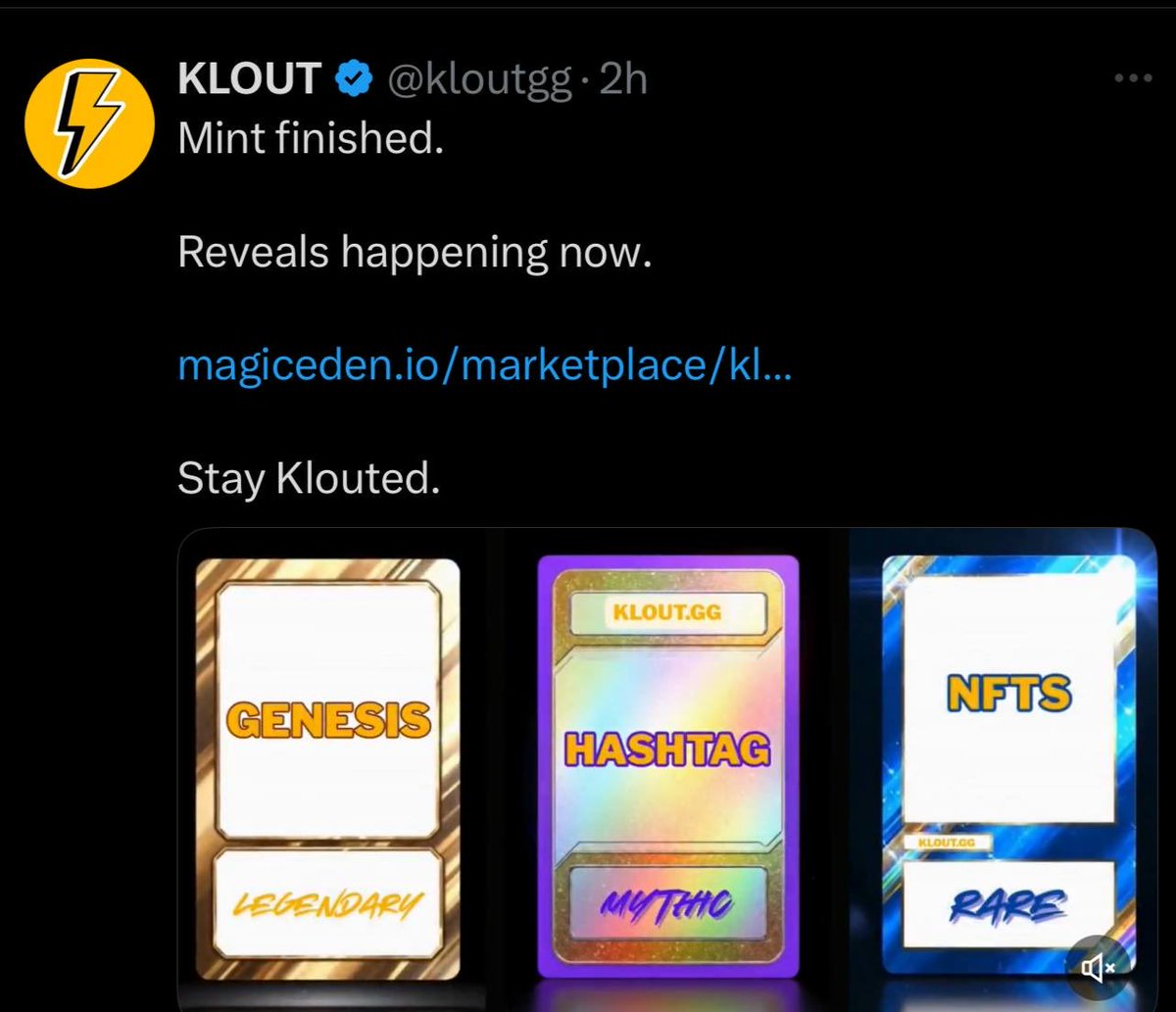 CRYPTOKRALI3's tweet image. MINT FINISHED. REVEALS LIVE.

@kloutgg just wrapped one of the cleanest drops on Magic Eden ⚡

→ Genesis.
→ Hashtag.
→ Rare NFTs.

The cards are out. The reveals are rolling.

You either Got Klout or you missed a moment.

But it’s not just art, it’s the new credential of…