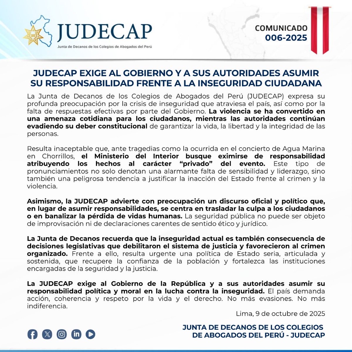 JUDECAP_OFICIAL's tweet image. 📢#COMUNICADO 006-2025 | JUDECAP EXIGE AL GOBIERNO Y A SUS AUTORIDADES ASUMIR SU RESPONSABILIDAD FRENTE A LA INSEGURIDAD CIUDADANA