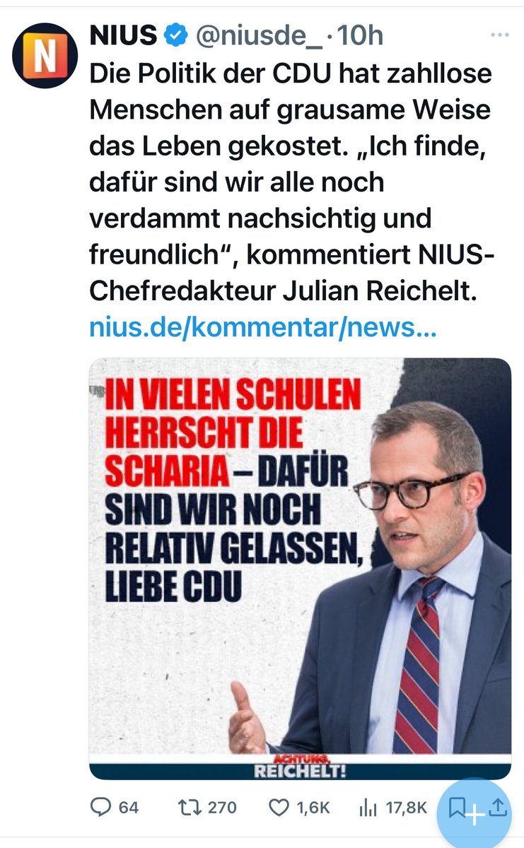 Wir können festhalten:
NIUS ist ein aggressiver Gegner der <a href="/CDU/">CDU Deutschlands</a> und unseres freiheitlich-demokratischen Systems.

ALLE Christdemokratinnen und Christdemokraten sollten das jetzt verstehen.

#MangehtnichtzuNIUS !