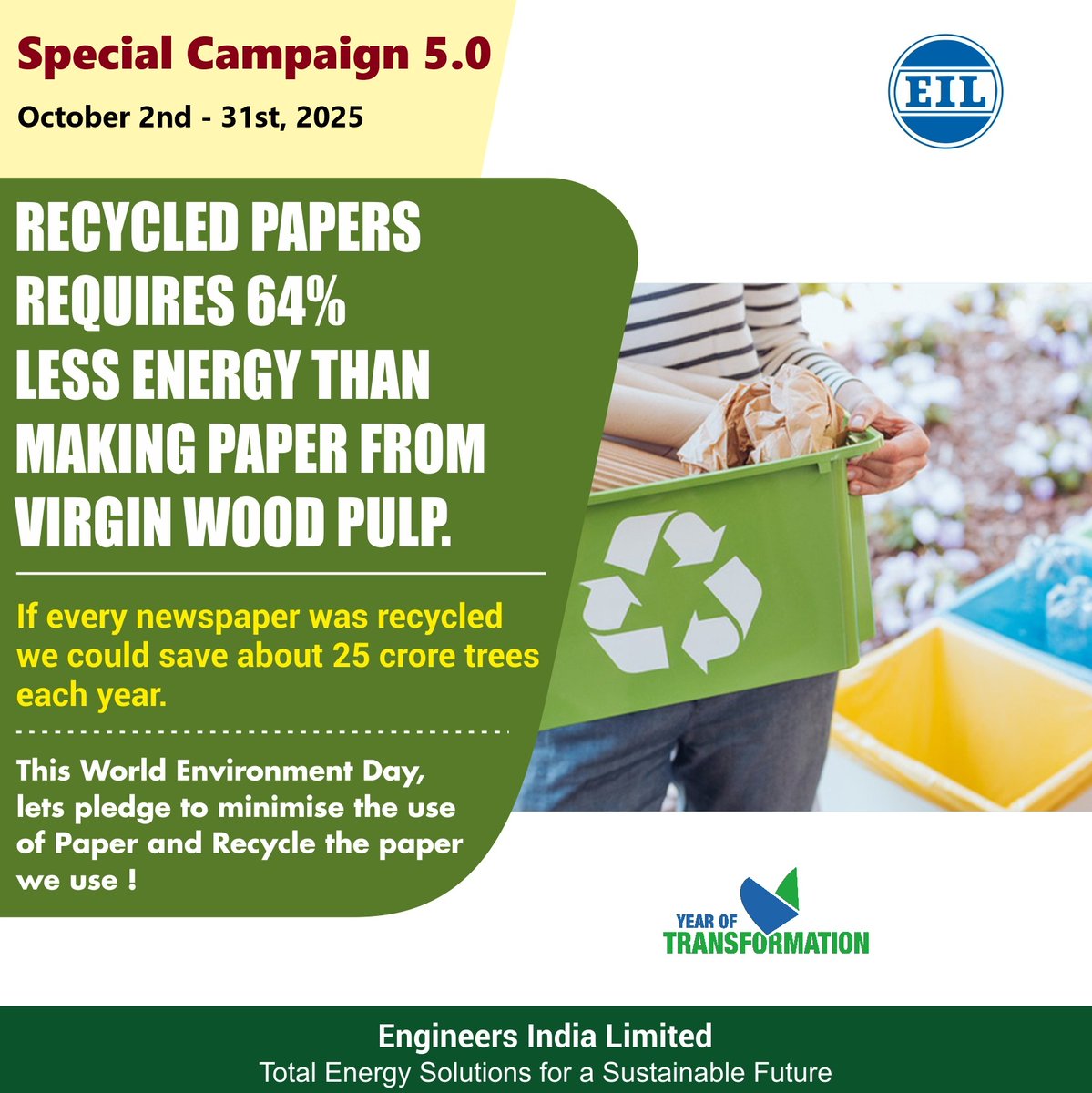 EngineersIND's tweet image. Recycling paper requires 64% less energy than producing it from new wood pulp! 🌳

As part of Special Campaign 5.0, let’s conserve resources by reusing and recycling paper, in turn saving millions of trees every year.

@HardeepSPuri @TheSureshGopi @Vartika15791157
#SaveTrees…