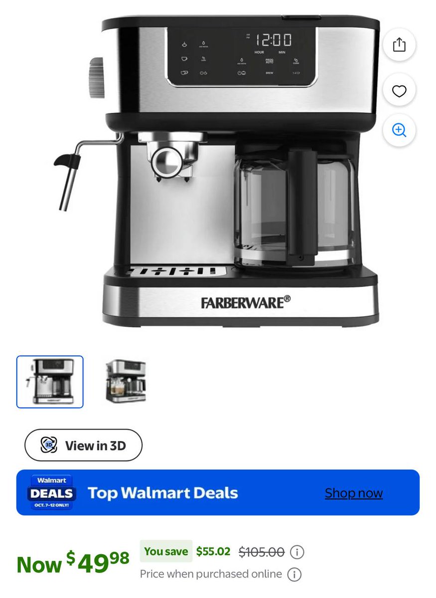 D26585421D's tweet image. 52% off 🔥

Walmart has the Farberware Dual Brew 15-Bar Espresso Machine, 10-Cup Black Stainless Finish on sale for $49.98 (was $105) ☕

Brew espresso shots or full cups — great value for a dual setup!

shopstyle.it/l/cvuIF

#WalmartDeals #CoffeeLovers #EspressoMachine…
