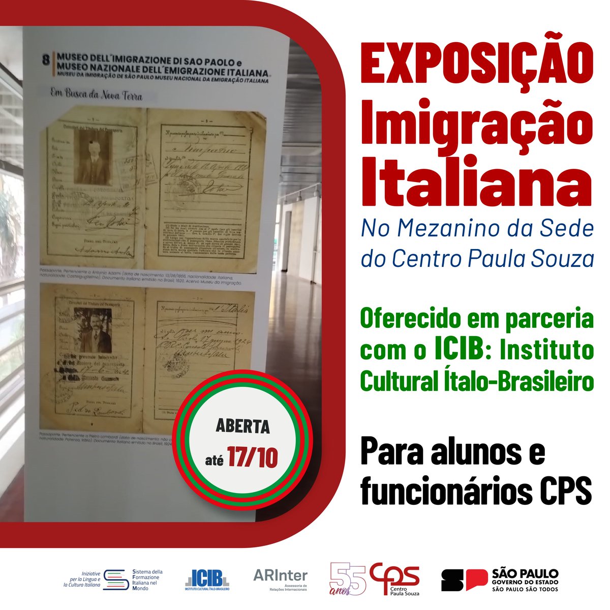 arintercps's tweet image. Mostra sobre a Imigração Italiana para o Brasil

📍 Aluno ou funcionário CPS: Visite a Exposição!
Local: Mezanino do edifício-sede do Centro Paula Souza
Endereço: Rua dos Andradas, 140 – Santa Ifigênia, São Paulo

Aberta a alunos e profissionais CPS

@arintercps #arintercps