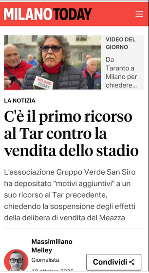 NoStadioLaMaura's tweet photo. Il primo ricorso al TAR contro la vendita dello stadio San Siro è stato presentato.
👉 Difendere San Siro significa difendere la nostra storia, il nostro diritto a decidere, il nostro futuro urbano.
#SanSiroNonSiVende
#BeniComuni
#MilanoÈDeiCittadini https://t.co/KNt8Iwb9MJ
