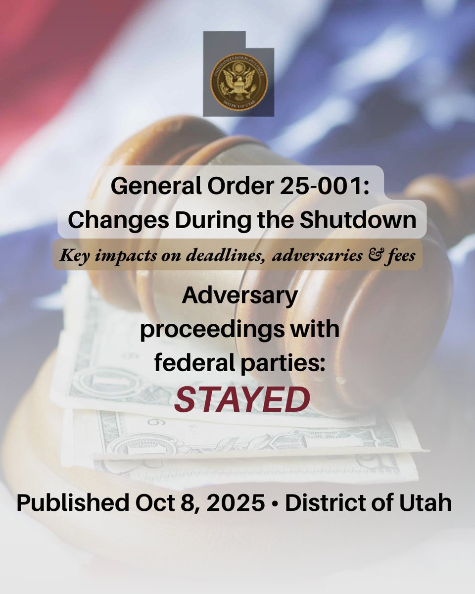 UtahStateBar's tweet image. Utah’s bankruptcy court has issued General Order 25-001 following the federal funding lapse.
The Bar's summary breaks down what’s paused, tinyurl.com/4eeabhss
#Bankruptcy #USTrustee #Chapter11 #UtahLaw #LegalOps