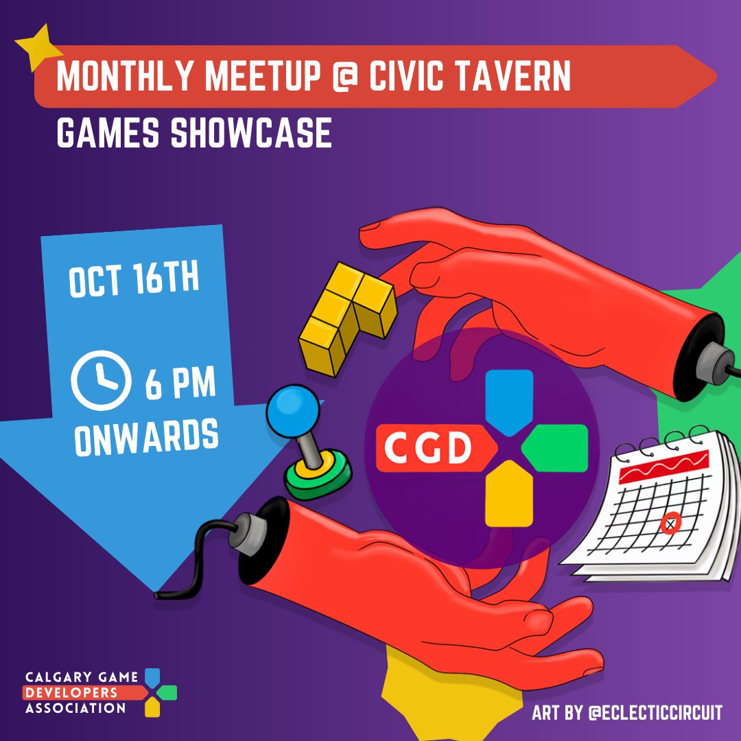 calgarygamedevs's tweet image. Announcing our monthly meetup for Oct!
This month will be our (not so) quarterly showcase! We encourage everyone to bring out their games or art to showcase!
As always we will be at Civic tavern (upstairs) from 6pm onwards. The event is free, casual and open to all.