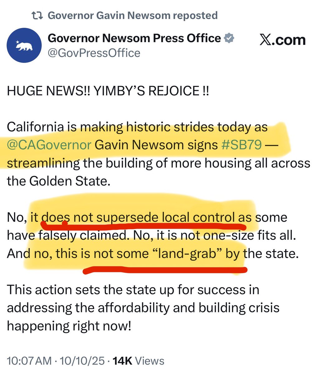 houmanhemmati's tweet image. ⚠️ A horrible day for California as @GavinNewsom signs SB79, which will allow developers to build as they please around “transit.”

The more Newsom says “it doesn’t supersede local control” or “this is not some land grab by the state,” the more we know it is!