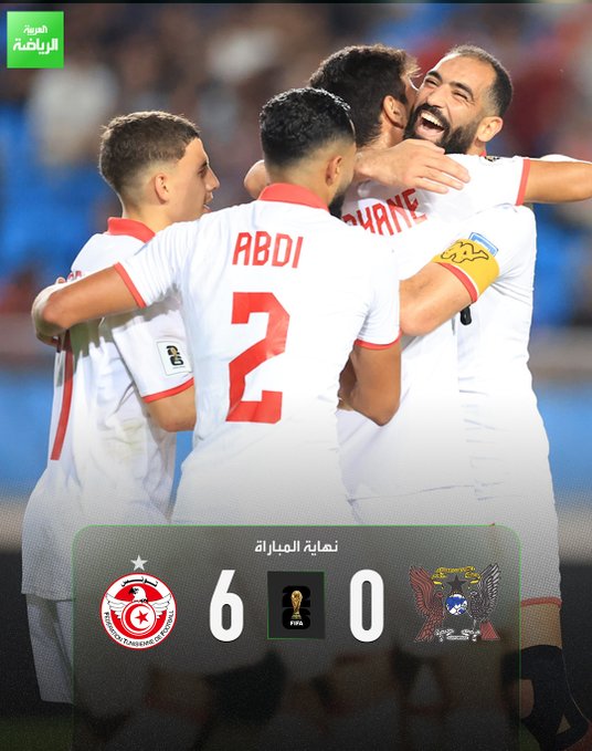 منتخب تونس المتأهل سلفاً لكأس العالم 2026 يكتسح ساو تومي بسداسية ويعزز صدارته للمجموعة الثامنة. ساو تومي 0 تونس 6 (شواط، إلياس، الغربي، بن رمضان). تصفيات إفريقيا المؤهلة لكأس العالم. الملعب الأولمبي برادس 