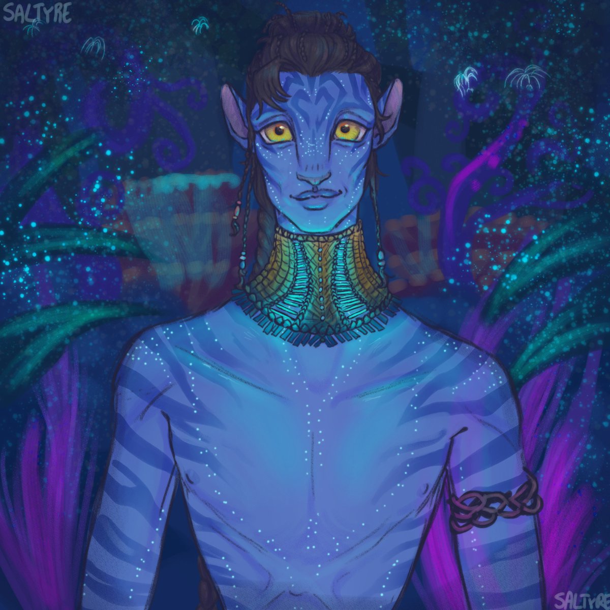 One of the only collar type neck pieces that Teyval owns. Made with dyed reeds, river stones, and Zawkxetse quills which are bioluminescent.