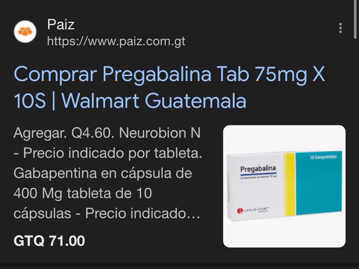 fiaheisenberg's tweet photo. MEDICINA PROAM

Voy a hacer esto rapidito así que si meto las patas me corrigen. Tomé de referencia Caplin porque es de las más baratas. 

Pregabalina de 75mg de 10 comprimidos de Caplin — (un blíster) Q71
*Para un mes una diaria Q213

Pregabalina de 75mg de 10 comprimidos en PROAM (un blíster) Q5.40
*Para un mes una diaria Q16.20
DIEZ Y SEIS CON VEINTE CENTAVOS

Entiendo que a muchos no les va a parecer tan sorprendente porque no es una marca como Lyrica, pero para quien no puede gastarse Q213 al mes y a veces de por vida (o Q426 si es dosis de 150 mg), reducir a Q16.20 o Q32.40 es casi un milagro.

Se reconocer que esto es algo bueno.
