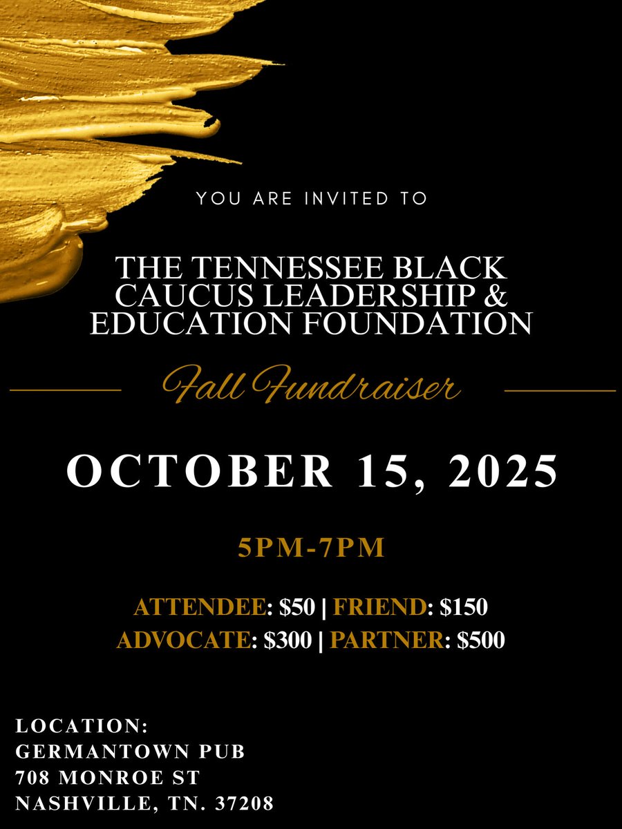 Join us Oct 15th at <a href="/germantownpubtn/">Germantownpub</a> in #Nashville for the TBCSL Leadership &amp; Educational Foundation 2025 Fall Fundraiser! 💪🏾 

Come connect, give back, &amp; help power policy that uplifts Black Tennesseans. ✊🏾 #TBCSL #FallFundraiser #BlackExcellence #TBCSLSummit2025