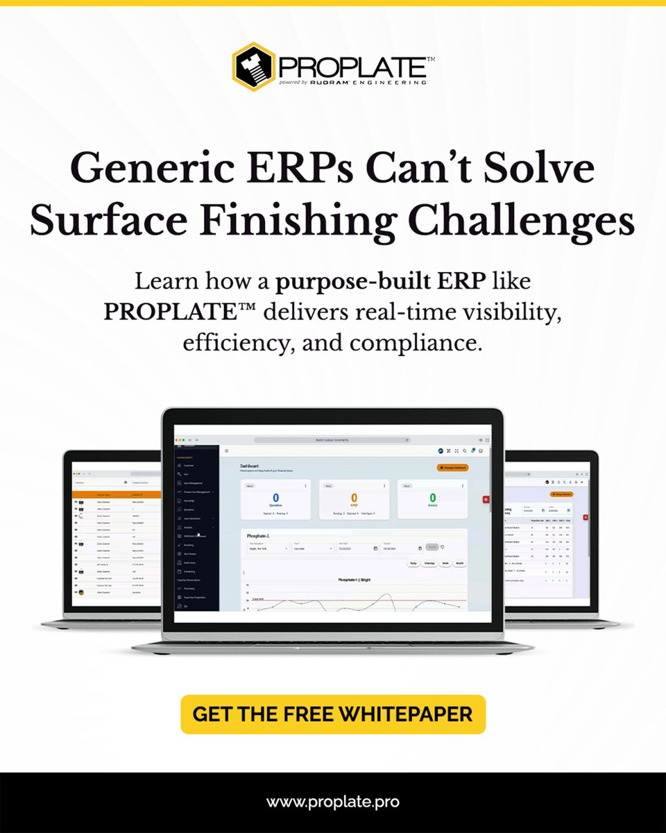 Proplate_Pro's tweet image. Facing unique compliance and chemical management challenges?
Find out why a purpose-built ERP is crucial for surface finishers.
Get the whitepaper now! 📷proplate.pro/generic-erp-vs…
#SurfaceFinishing #PurposeBuiltERP #PROPLATE #ERPSystem #Compliance #Manufacturing #CutCosts