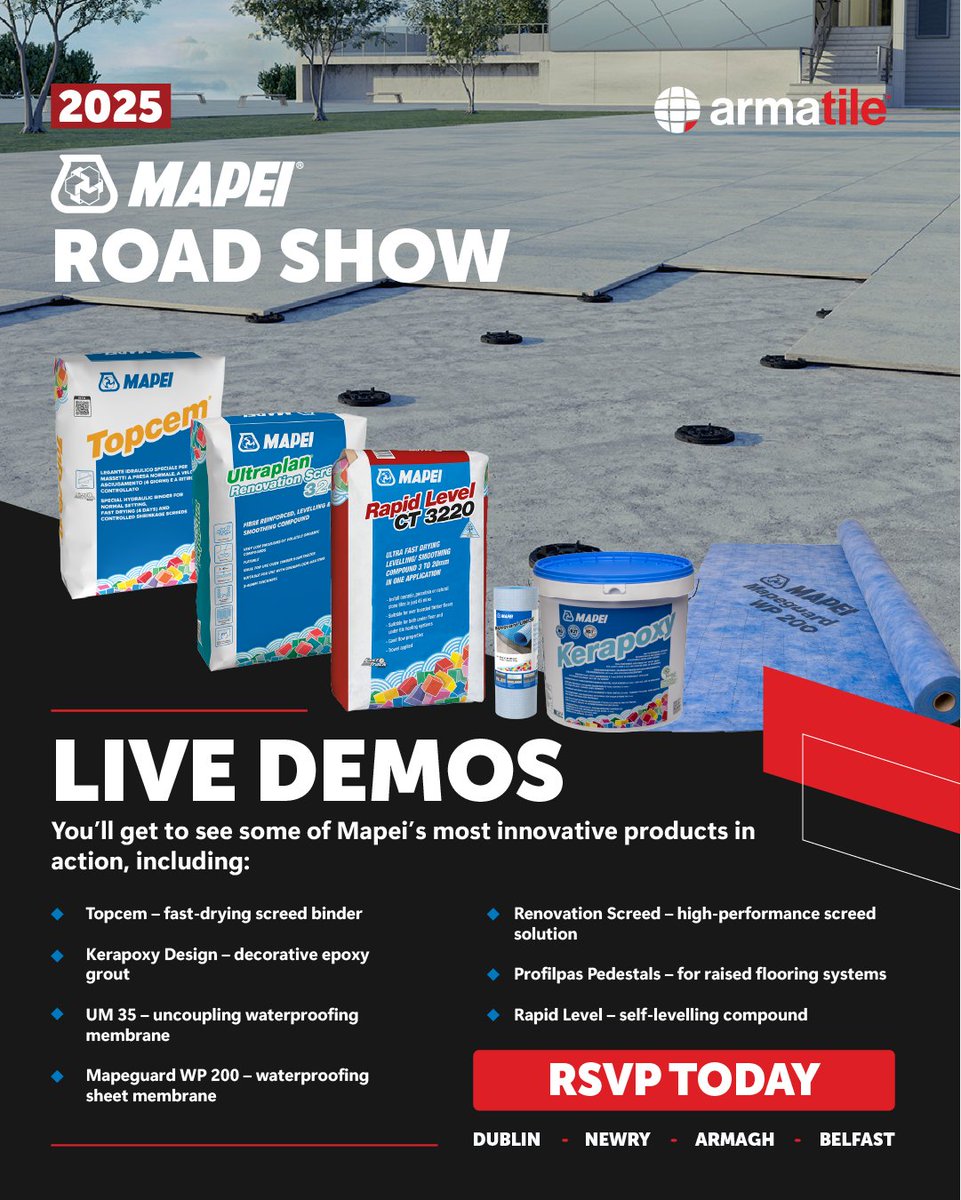 armatile's tweet image. Join us for Mapei’s live demos and workshops! Connect with experts, learn practical tips, and see products in action. RSVP today! #Armatile #MapeiRoadshow #TileDesign #TechnicalAdvice #LiveDemo