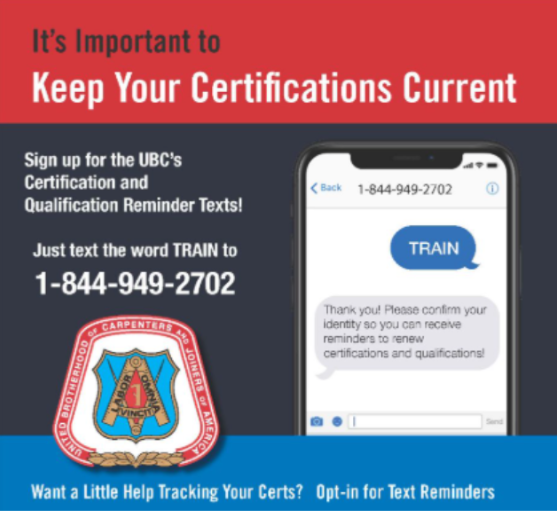 NYC District Council of Carpenters (@carpentersnyc) on Twitter photo 👷♂️ Don’t let your certs expire! 
Get text reminders straight to your phone. 
Simply text TRAIN to 844-949-2702 and enroll today. 
#UnionStrong #CarpenterTraining 👷♂️ Don’t let your certs expire! 
Get text reminders straight to your phone. 
Simply text TRAIN to 844-949-2702 and enroll today. 
#UnionStrong #CarpenterTraining