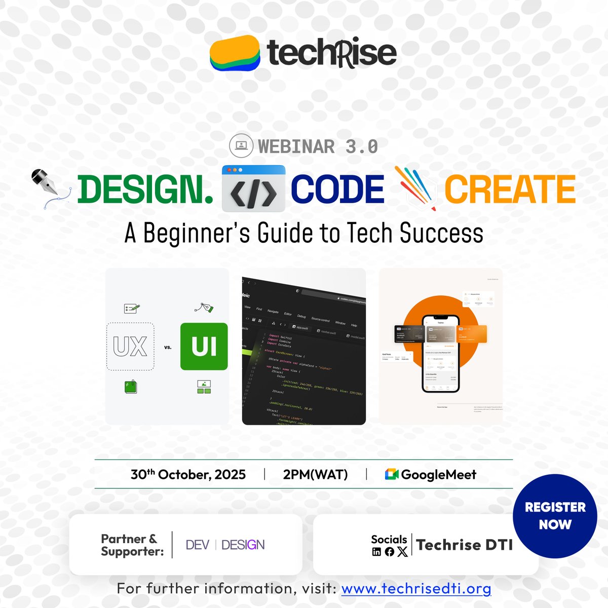 techRiseDTI's tweet image. UPCOMING WEBINAR!
Join us for an inspiring webinar titled โDesign. Code. Create: A Beginnerโs Guide to Tech Successโ, where experts will share practical steps to help you kickstart your journey in technology.
Register now: forms.gle/o5gg84Ruyx9KsGโฆ
@devanddesignhq