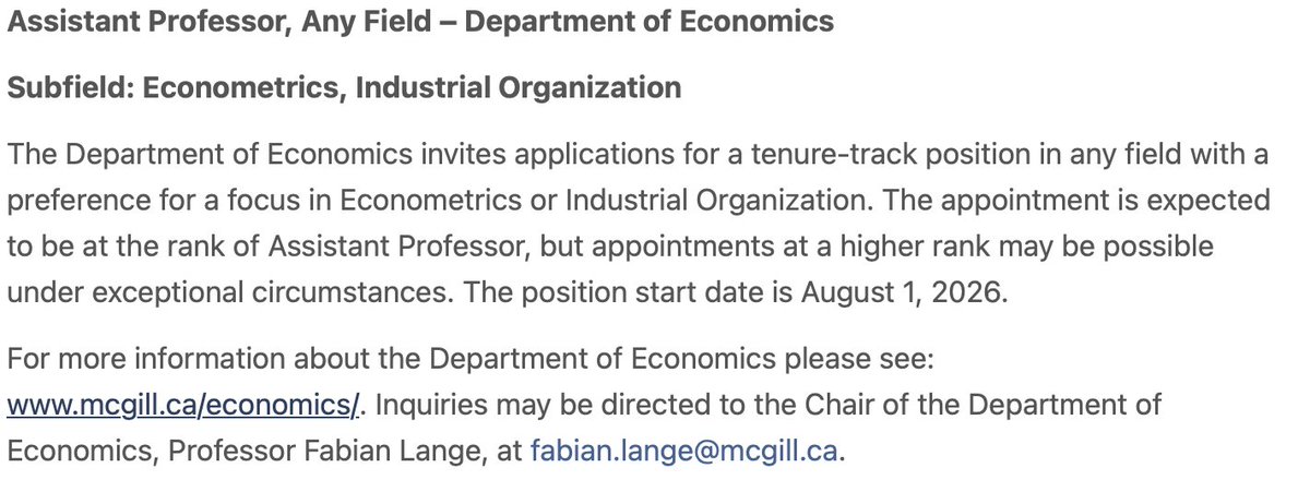 🍁🍁Hello! We hiring in the junior market! 🍁🍁

Apply to work with us at <a href="/mcgillu/">McGill University</a> Econ department in Montreal.
 
Full ad: econjobmarket.org/positions/11898
