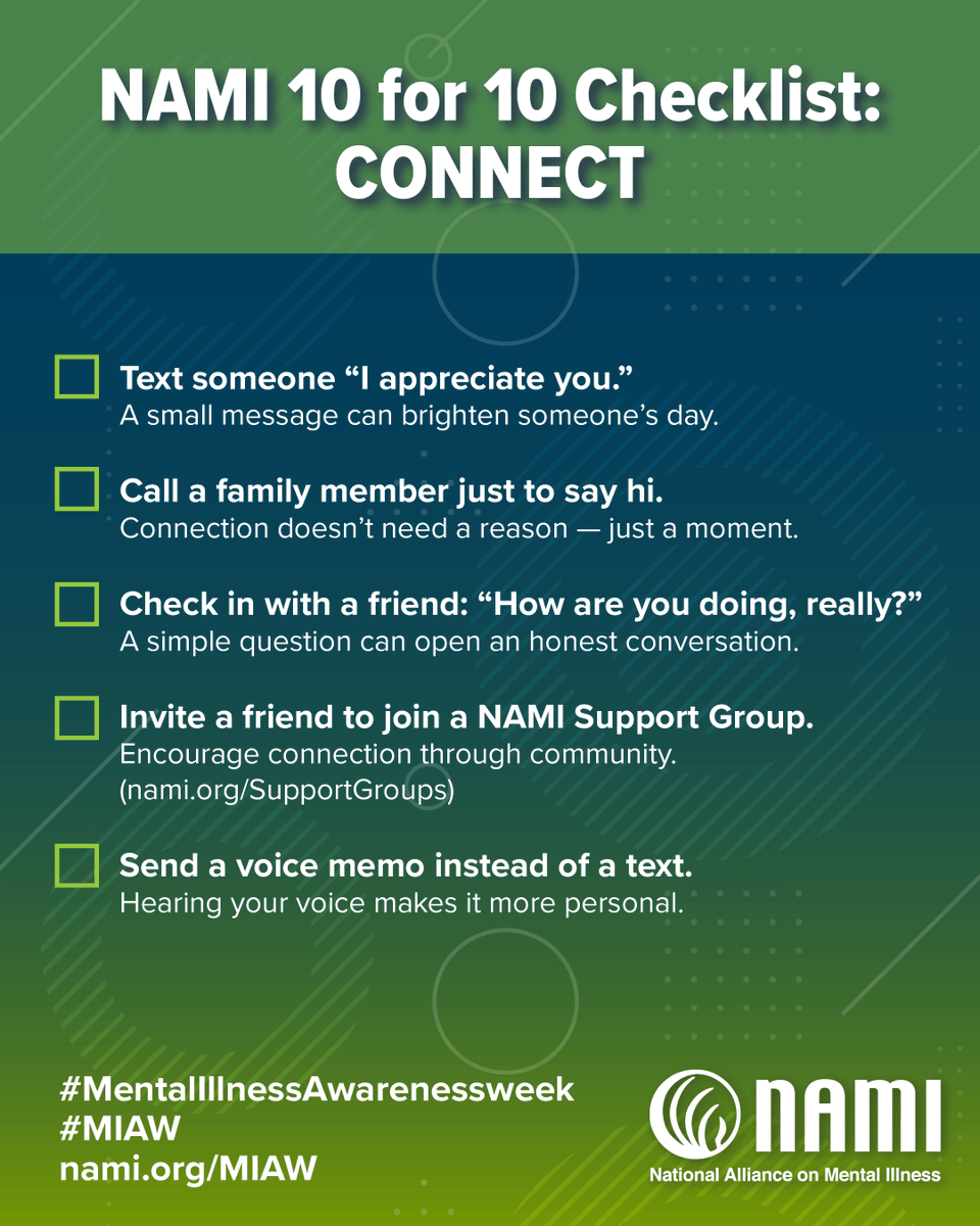 NAMICommunicate's tweet photo. Connection makes us stronger. 💚

Join the #NAMI10for10 Challenge this #WorldMentalHealthDay — call a friend, send a kind message, or invite someone to a NAMI Support Group.

Together, we make a difference. 🌎

#Together4MentalHealth #YouAreNotAlone https://t.co/LUVCKDoLHG