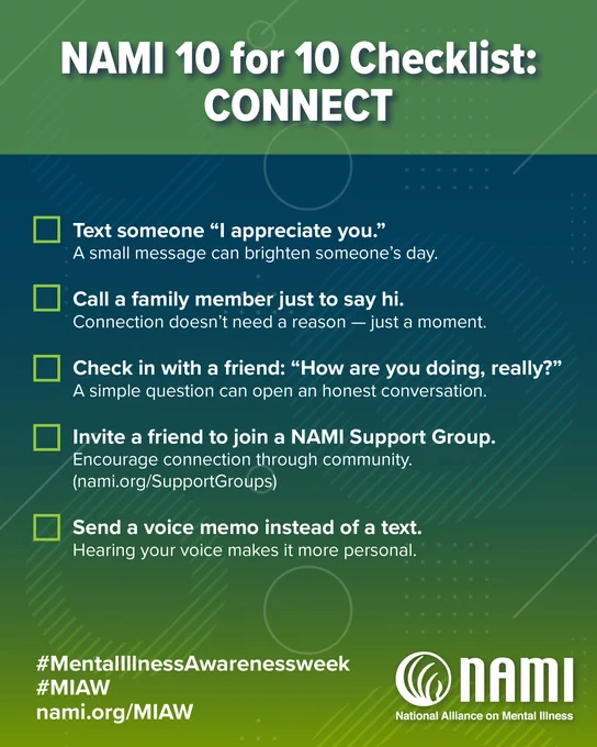 Portrait sized graphic with a green and navy blue and green background. At the top in large bolded font are the words "NAMI 10 for 10 CheckList: CONNECT." Below is a checklist with the following bullet points:
- Text someone "I appreciate you."
A small message can brighten someone's day.
- Call a family member just to say hi.
Connection doesn't need a reason - just a moment.
- Check in with a friend: "How are you doing, really?" A simple question can open an honest conversation.
- Invite a friend to join a NAMI Support Group.
Encourage connection through community. (nami.org/SupportGroups)
- Send a voice memo instead of a text.
Hearing your voice makes it more personal.