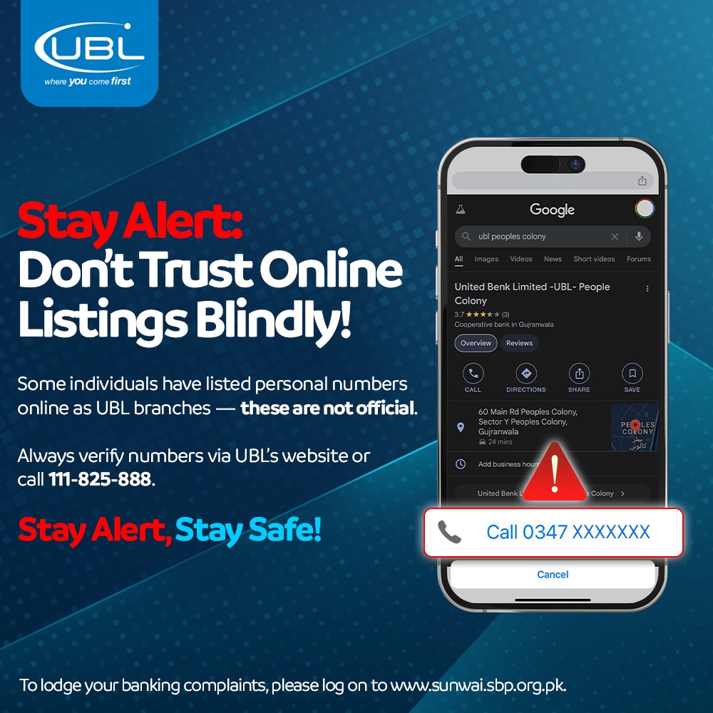 UBLDigital's tweet image. Stay alert. Don’t trust random online listings — always verify official UBL contacts at ubldigital.com or call 111-825-888. Stay safe.

#UBLAlert #OnlineSecurity #FraudWarning #SafetyTip #BankingSafely #ProtectYourData #BestDigitalBank #BestInDigitalInnovation