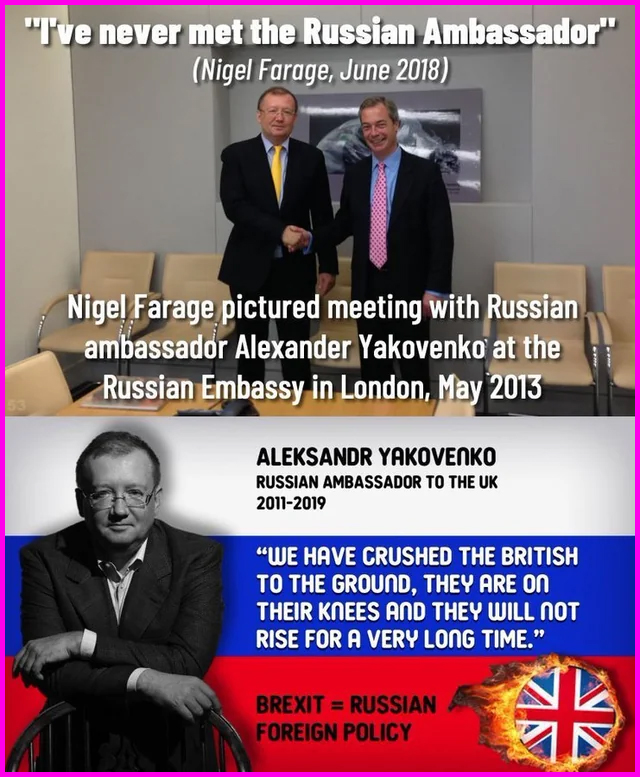 donmcgowan's tweet image. In other news, Nigel Farage was &quot;stunned&quot; to discover that he had actually met Ambassador Alexander Yakovenko in 2013, having previously denied it.

Yakovenko was later identified in a UK Parliament report as a key Kremlin influence operator. 

He must also have been &quot;stunned&quot; to…