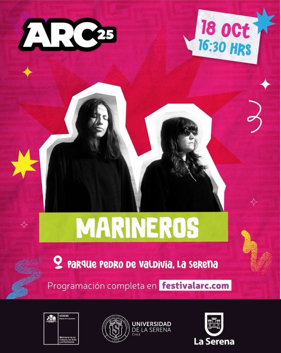 Estaremos en La Serena el próximo sábado 18 de octubre en Festival Arc, en el Parque Pedro Valdivia, al aire libre, entrada liberada 🤍 nos vemos!